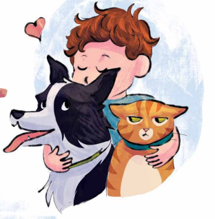 Child showing love and affection to pets